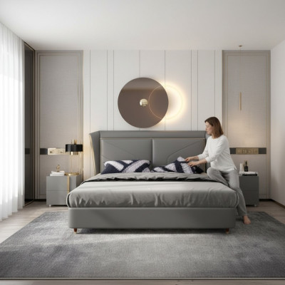 Dormitorio gris Cama doble Camas de diseñador Estructura de madera Camas de cuero