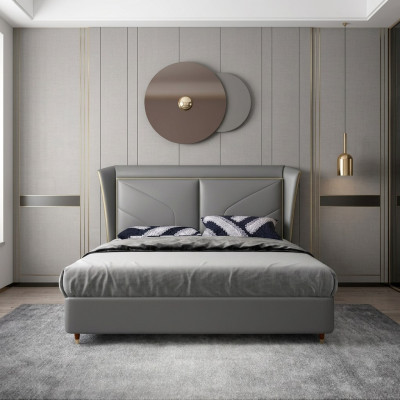 Dormitorio gris Cama doble Camas de diseñador Estructura de madera Camas de cuero