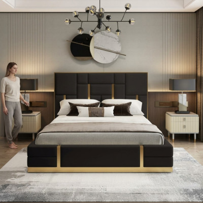 Cama de dormitorio negra diseñada de madera cama doble de lujo de acero inoxidable