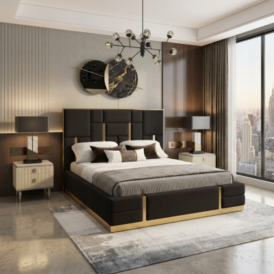 Cama de dormitorio negra diseñada de madera cama doble de lujo de acero inoxidable