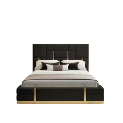 Cama de dormitorio negra diseñada de madera cama doble de lujo de acero inoxidable