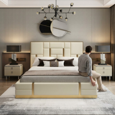 Cama doble blanca de lujo de dormitorio marco de madera diseñador de cama de acero inoxidable