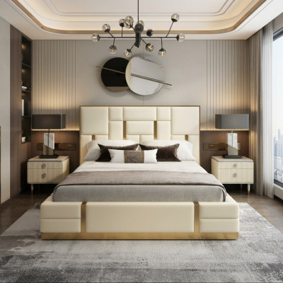 Cama doble blanca de lujo de dormitorio marco de madera diseñador de cama de acero inoxidable