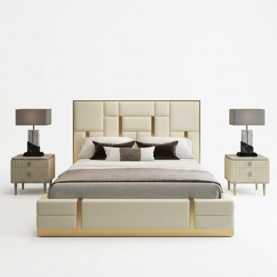 Cama doble blanca de lujo de dormitorio marco de madera diseñador de cama de acero inoxidable