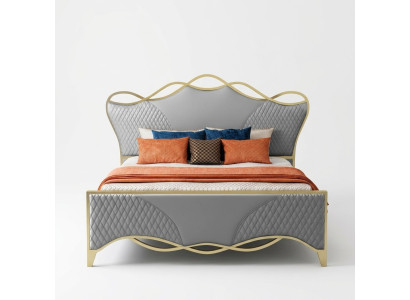 Elegante cama de dormitorio de diseñador de cuero artificial con marco de madera doble.