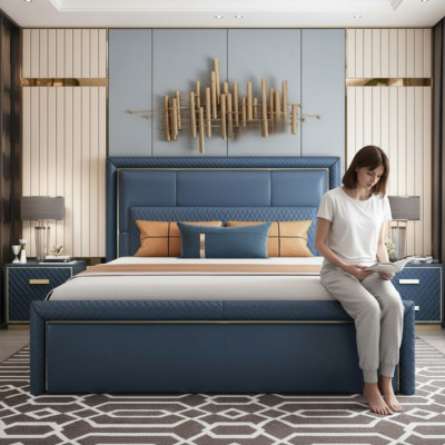 Gran dormitorio azul cama Diseñador Camas dobles Camas de piel sintética