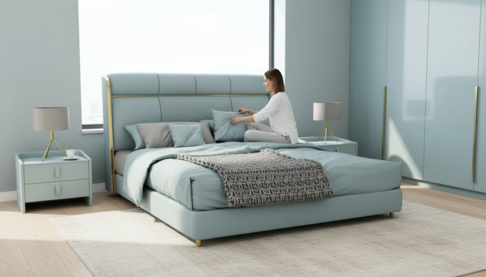 Dormitorio Cama doble azul Camas de diseño Estructura de madera Muebles de lujo