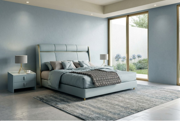 Dormitorio Cama doble azul Camas de diseño Estructura de madera Muebles de lujo