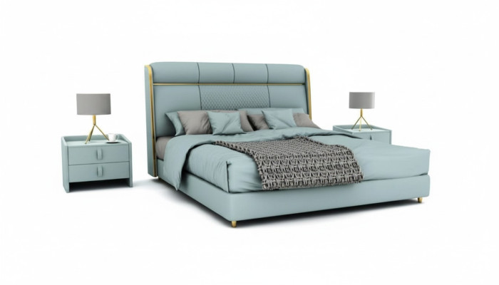 Dormitorio Cama doble azul Camas de diseño Estructura de madera Muebles de lujo