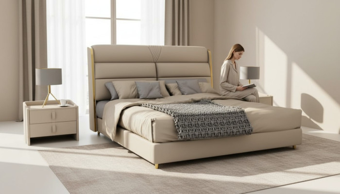 Cama doble beige claro en un lujoso dormitorio moderno diseño de cama.