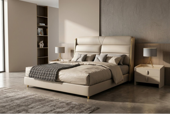 Cama doble beige claro en un lujoso dormitorio moderno diseño de cama.