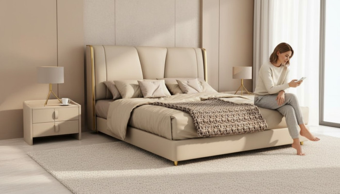Diseñador de dormitorios Cama beige Camas dobles Camas con LED Camas de cuero