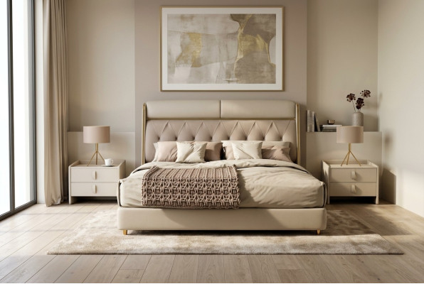 Elegante dormitorio beige cama cama doble camas textiles cama LED