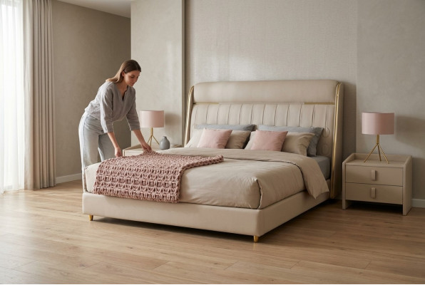 Lujo Beige Dormitorio Cama Muebles de Madera con Estilo
