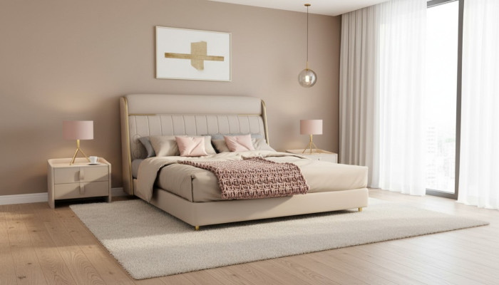 Lujo Beige Dormitorio Cama Muebles de Madera con Estilo