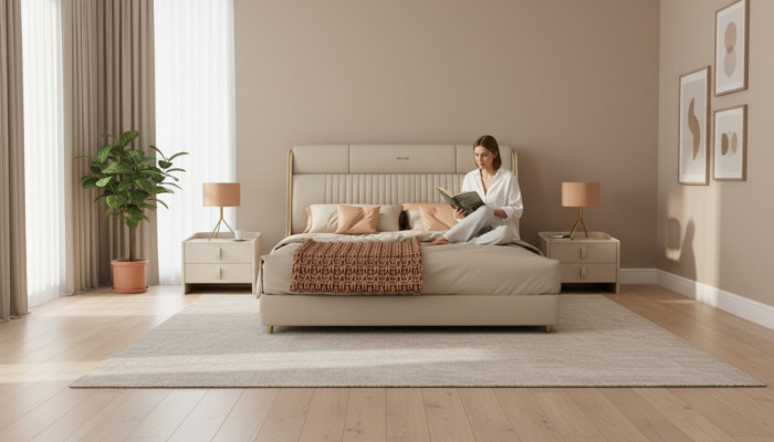 Cama textil beige, muebles elegantes para dormitorio, camas dobles de diseñador.