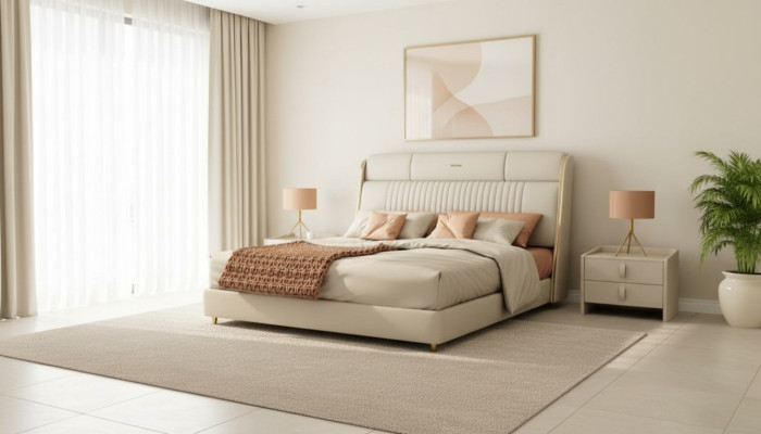 Cama textil beige, muebles elegantes para dormitorio, camas dobles de diseñador.