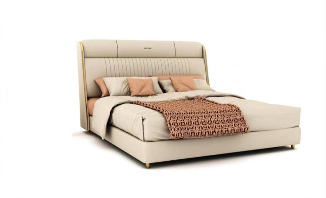 Cama textil beige, muebles elegantes para dormitorio, camas dobles de diseñador.