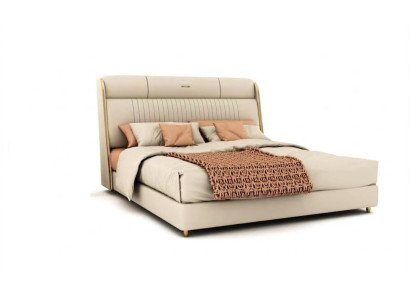 Cama textil beige, muebles elegantes para dormitorio, camas dobles de diseñador.