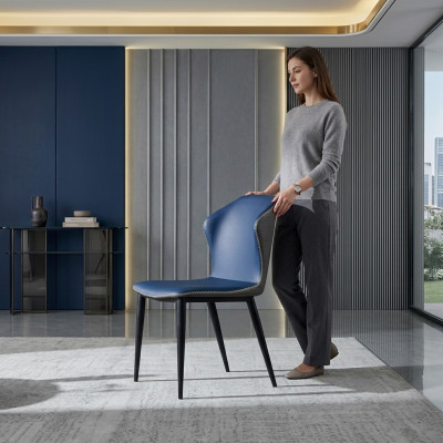 Silla de comedor azul y negro con patas de madera, elegantes sillas de cuero artificial.