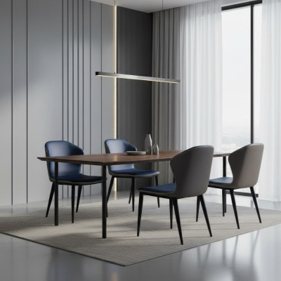Silla de comedor azul y negro con patas de madera, elegantes sillas de cuero artificial.