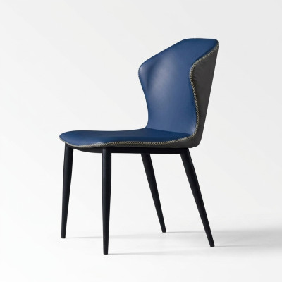 Silla de comedor azul y negro con patas de madera, elegantes sillas de cuero artificial.