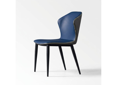 Silla de comedor azul y negro con patas de madera, elegantes sillas de cuero artificial.