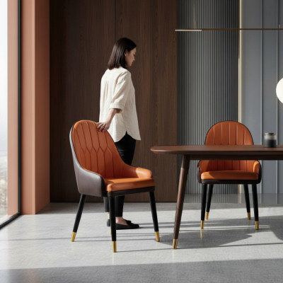 Sillas de comedor marrón-naranja, sillas de madera de diseñador, sillón moderno