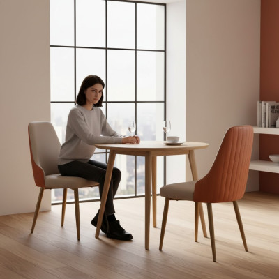 Sillas de comedor de lujo color naranja-beige, sillas de cuero, sillas de cocina, muebles de madera.
