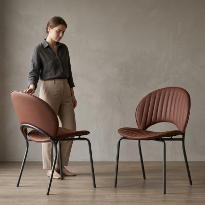 Silla de comedor marrón de lujo, silla reclinable, silla de cocina de cuero y madera.