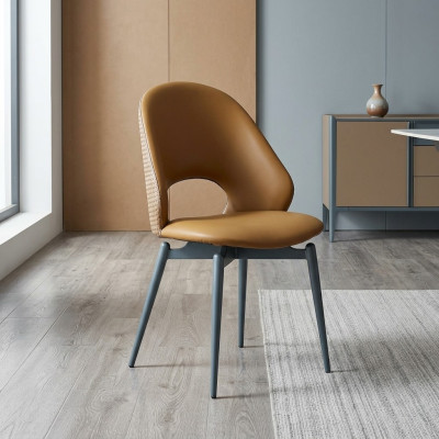 Silla de cuero marrón estilo moderno, de comedor, de una plaza, elegante silla de madera.