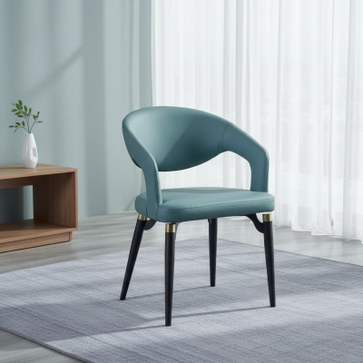 Silla de comedor azul de lujo de un solo asiento elegante, estilo de silla de madera de un solo asiento.