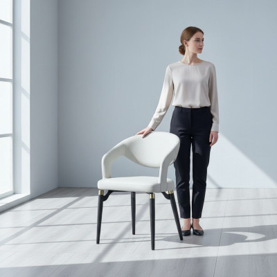 Silla de comedor de cuero blanco asiento individual elegante Estructura de madera moderna