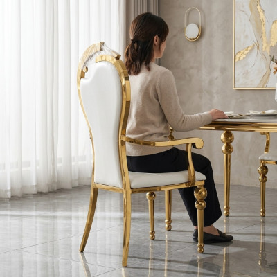 Silla clásica de comedor blanco y dorado, sillas tapizadas de madera.