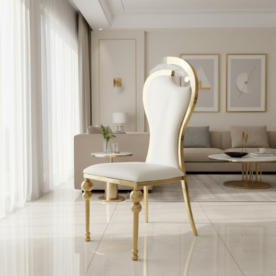 Silla clásica de comedor blanco y dorado, sillas tapizadas de madera.