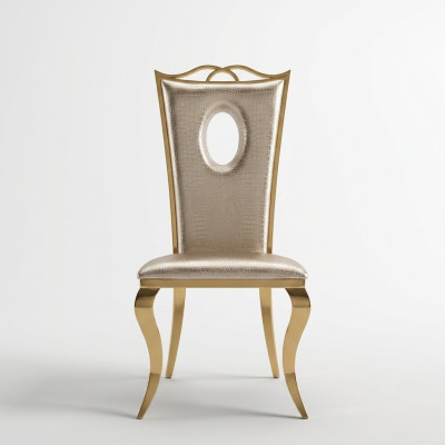 Silla de comedor beige individual moderna de piel sintética con estructura de acero inoxidable.