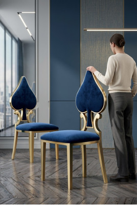 Silla de comedor azul y dorada, moderna, individual, tapizada y de madera.