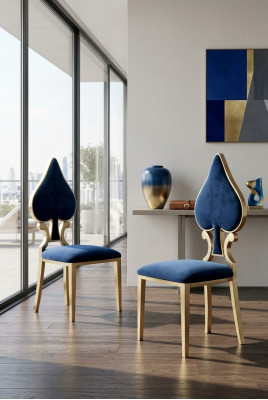 Silla de comedor azul y dorada, moderna, individual, tapizada y de madera.