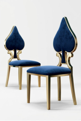 Silla de comedor azul y dorada, moderna, individual, tapizada y de madera.