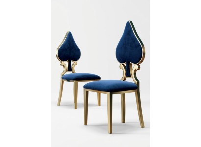 Silla de comedor azul y dorada, moderna, individual, tapizada y de madera.