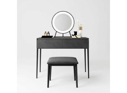 Mesa de tocador gris, mesa de tocador de diseñador, cajones, cómoda de cosméticos.
