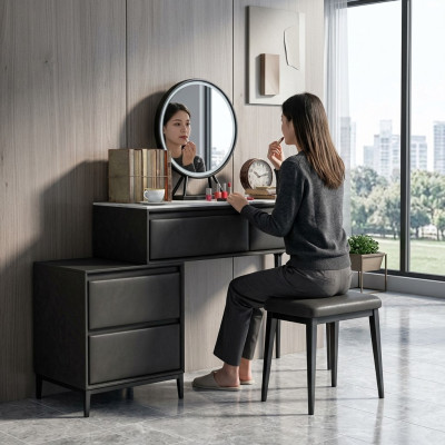 Dormitorio tocador maquillaje peinado negro y cajones silla