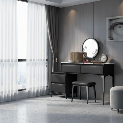 Dormitorio tocador maquillaje peinado negro y cajones silla