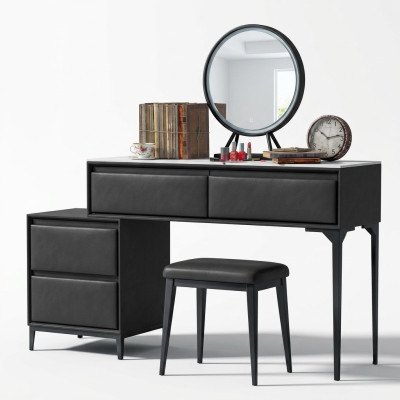 Dormitorio tocador maquillaje peinado negro y cajones silla