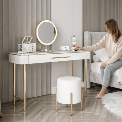 Mesa de maquillaje blanca, mesa de cosméticos de diseñador con 2 cajones, tocador.