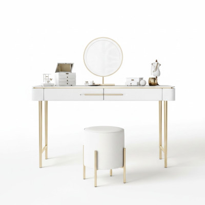 Mesa de maquillaje blanca, mesa de cosméticos de diseñador con 2 cajones, tocador.