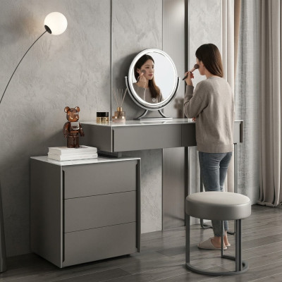 Mesa de maquillaje gris, muebles de dormitorio de diseñador en madera de lujo.