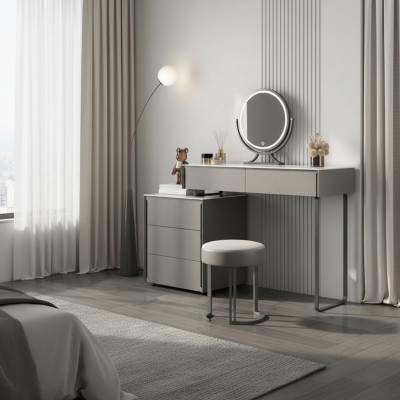 Mesa de maquillaje gris, muebles de dormitorio de diseñador en madera de lujo.