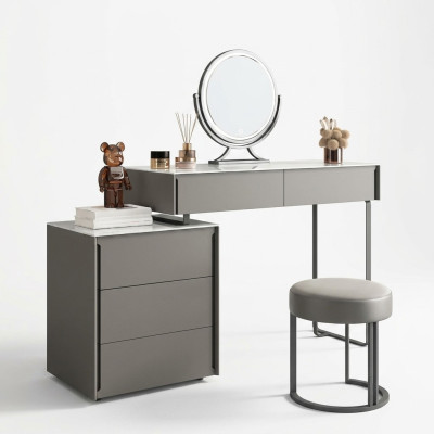 Mesa de maquillaje gris, muebles de dormitorio de diseñador en madera de lujo.