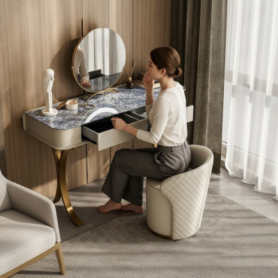Dormitorio tocador beige mesa de maquillaje diseñador cosmético 2x cajones